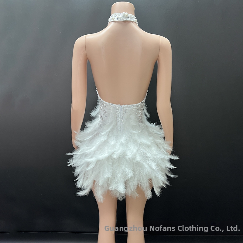 Novans baletný štýl halterneck šaty s perlami a labuťím perom, tkanina spandex 95%+, scénické šaty pre ženy, jeseň 2025