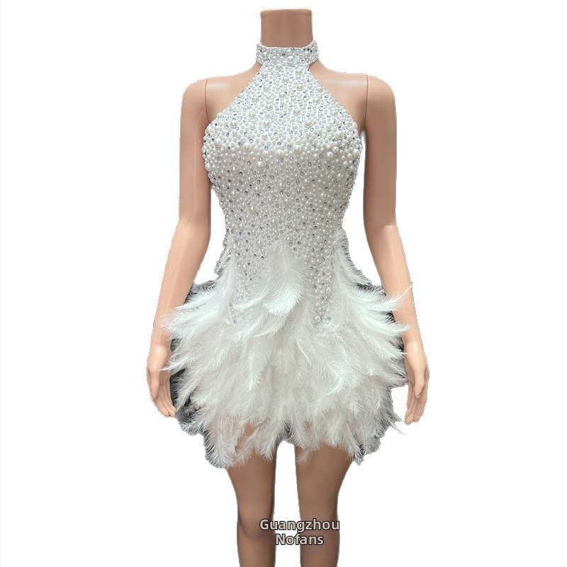 Novans baletný štýl halterneck šaty s perlami a labuťím perom, tkanina spandex 95%+, scénické šaty pre ženy, jeseň 2025
