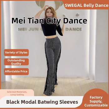 Belly dance praktikas komplekts ar bat stila piedurknēm, svītrainas kutas bikses, modal audums (70–80% modal šķiedras), pavasaris 2025