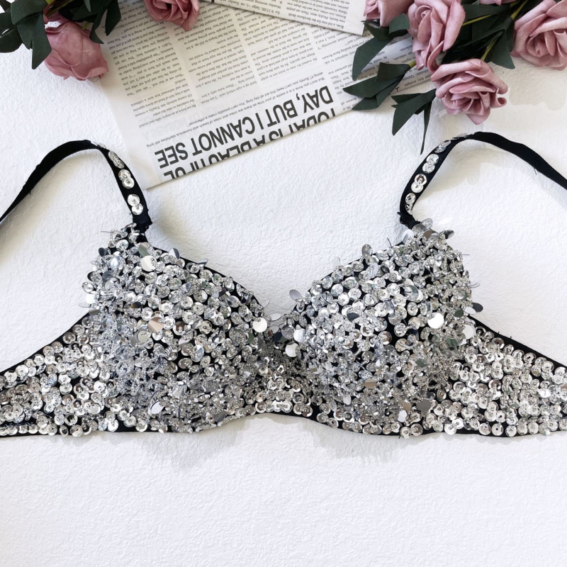 Prémiová podprsenka Belly Dance s korálkami a flitrami pre ženy (Hlavná tkanina: acetátové vlákno; Zmes chemických vlákien; Leto 2022; Vek 18–24; Vhodné pre bežné scénické oblečenie)