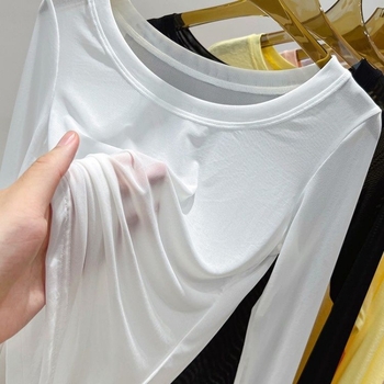 Dámsky sieťovaný top z čipky s okrúhlym výstrihom a dlhými rukávmi — mestský štýl, 90–95% nylon