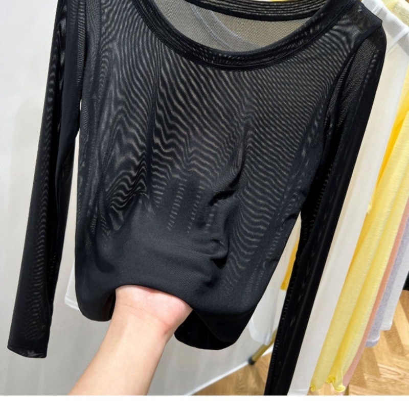 Dámsky sieťovaný top z čipky s okrúhlym výstrihom a dlhými rukávmi — mestský štýl, 90–95% nylon