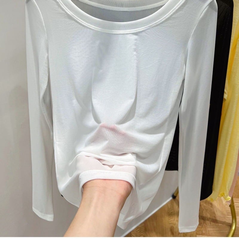 Dámsky sieťovaný top z čipky s okrúhlym výstrihom a dlhými rukávmi — mestský štýl, 90–95% nylon