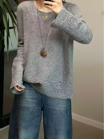 Kašmiiri naise kampsun ümmarguse kaelusega, vaba lõige, pikad varrukad, tikandid, elegantne linnastiil