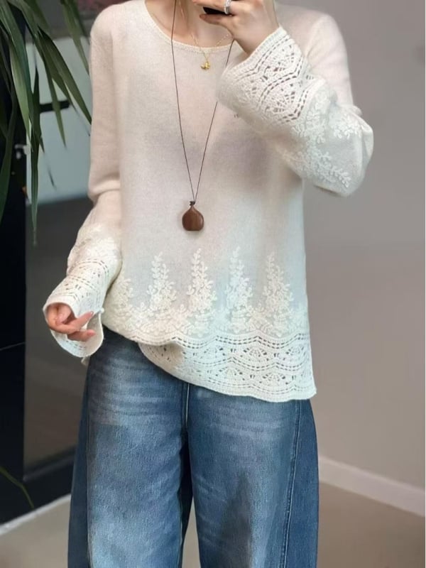 Kašmiiri naise kampsun ümmarguse kaelusega, vaba lõige, pikad varrukad, tikandid, elegantne linnastiil