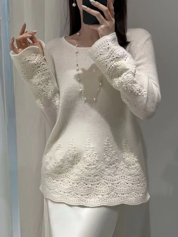 Kašmiiri naise kampsun ümmarguse kaelusega, vaba lõige, pikad varrukad, tikandid, elegantne linnastiil