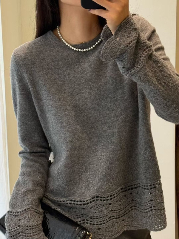 Kašmiiri naise kampsun ümmarguse kaelusega, vaba lõige, pikad varrukad, tikandid, elegantne linnastiil