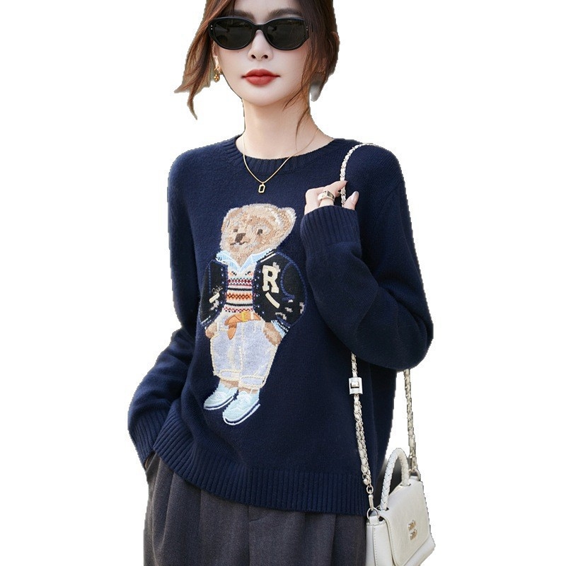 Naiste worsted villast džemper karu tikandiga, ümmarguse kaela, pikad varrukad, paks, vaba lõige