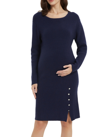 Kismama félhosszú kötött ruha, kerek nyakkal, hosszú ujjú, akril kötött anyag (95%+), csípőn szorosan formázó siluett