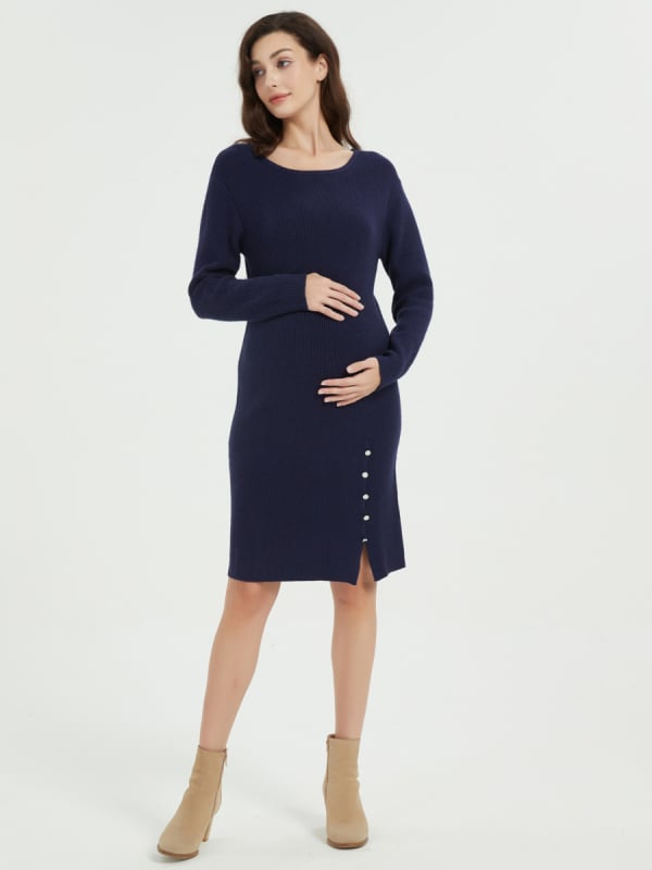 Kismama félhosszú kötött ruha, kerek nyakkal, hosszú ujjú, akril kötött anyag (95%+), csípőn szorosan formázó siluett