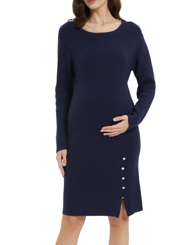 Kismama félhosszú kötött ruha, kerek nyakkal, hosszú ujjú, akril kötött anyag (95%+), csípőn szorosan formázó siluett