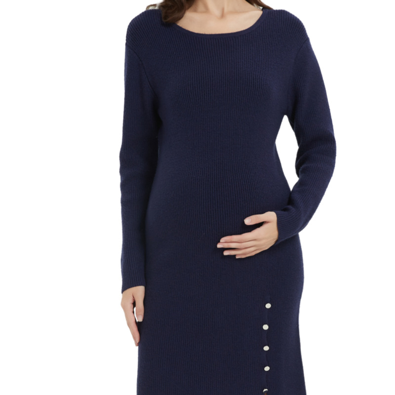 Kismama félhosszú kötött ruha, kerek nyakkal, hosszú ujjú, akril kötött anyag (95%+), csípőn szorosan formázó siluett