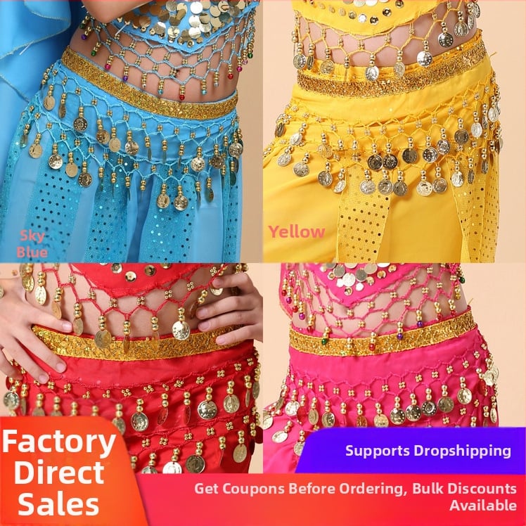 Bērnu vēdera deju josta ar zelta monētām — īsta āda, aitas ādas tekstūra, austā sprādze, aizdare ar sprādzi, 2024. gada pavasaris