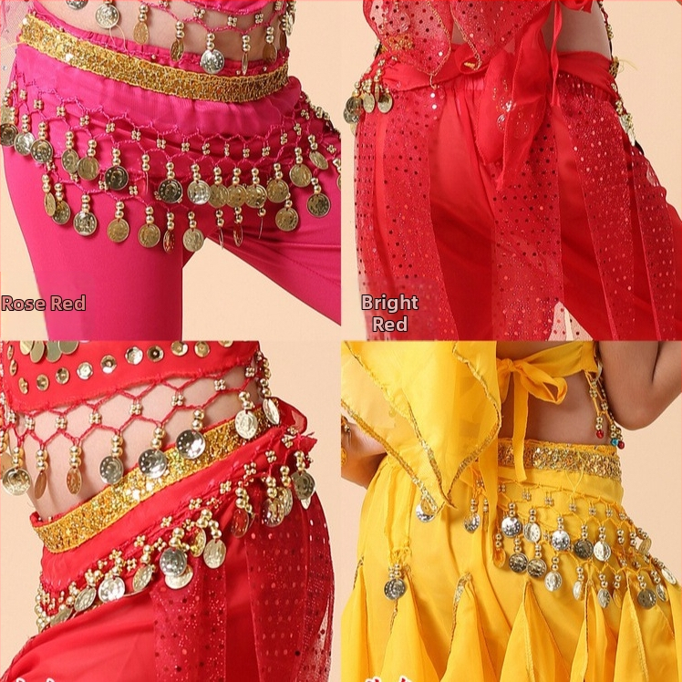 Bērnu vēdera deju josta ar zelta monētām — īsta āda, aitas ādas tekstūra, austā sprādze, aizdare ar sprādzi, 2024. gada pavasaris