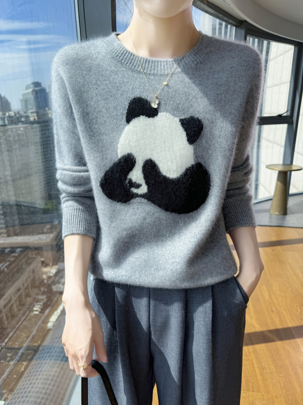 Gyapjúból készült vastag jacquard kötött pulóver, laza fazon, kerek nyakú, hosszú ujjú, 95%+ gyapjú tartalom