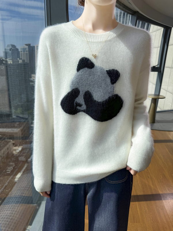 Gyapjúból készült vastag jacquard kötött pulóver, laza fazon, kerek nyakú, hosszú ujjú, 95%+ gyapjú tartalom