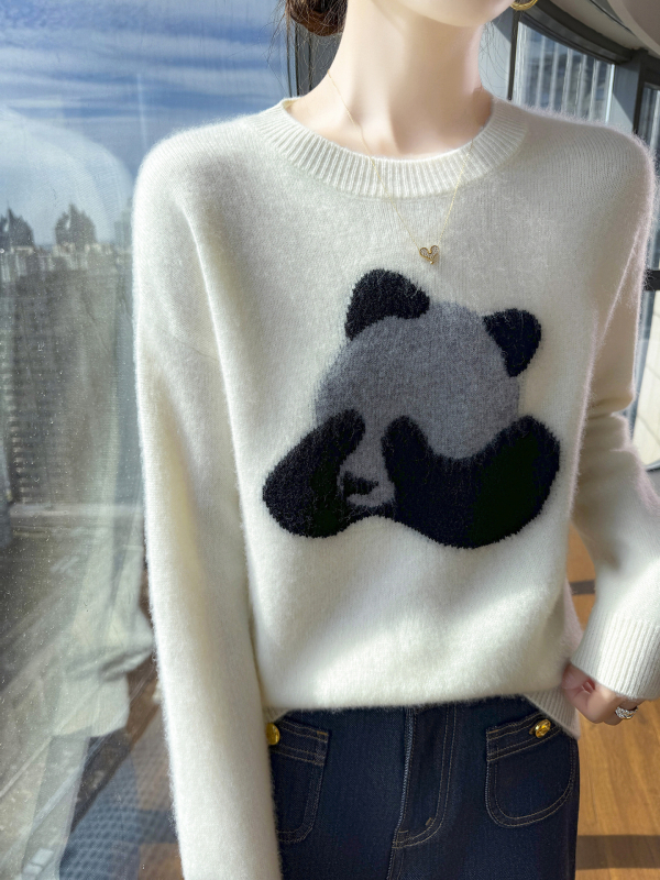 Gyapjúból készült vastag jacquard kötött pulóver, laza fazon, kerek nyakú, hosszú ujjú, 95%+ gyapjú tartalom