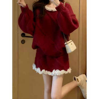 Tehotenský set: dlhé rukávy pletený sveter a sukňový kostým na jeseň-zimu 2025, mestský štýl, 80% bavlna-poliester zmes