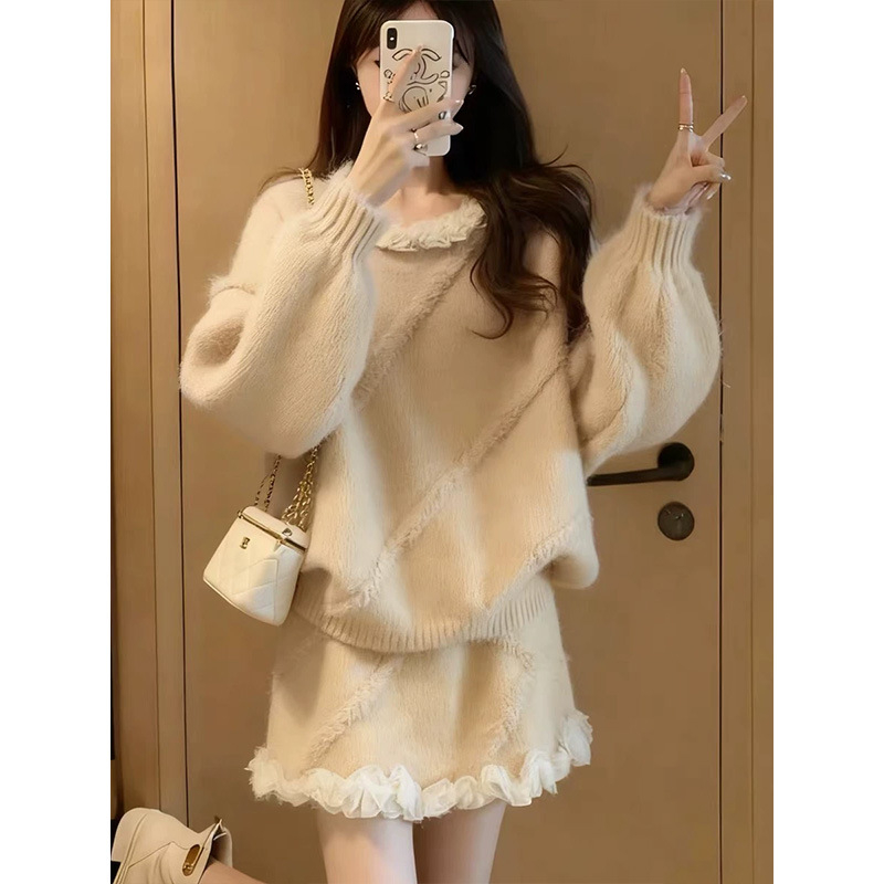 Tehotenský set: dlhé rukávy pletený sveter a sukňový kostým na jeseň-zimu 2025, mestský štýl, 80% bavlna-poliester zmes