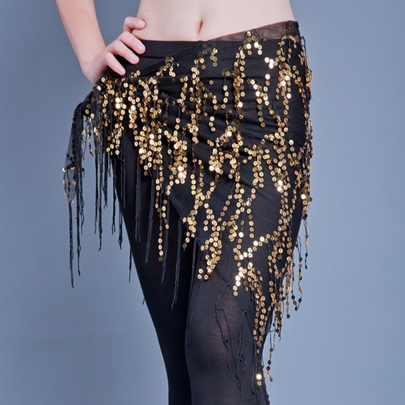 Pojas za trbuh za belly dance s šljokicama, trokutastim šalom i resama, za početnike