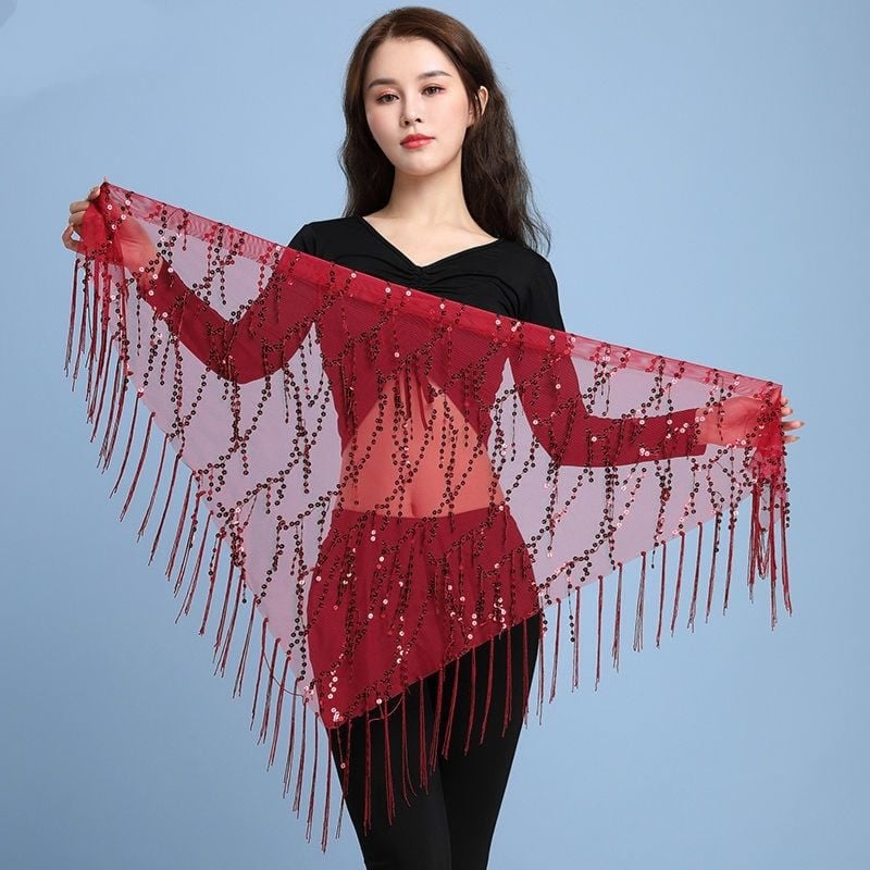 Pojas za trbuh za belly dance s šljokicama, trokutastim šalom i resama, za početnike