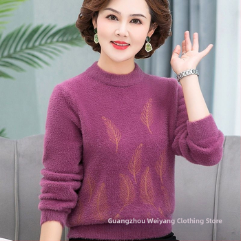 Sieviešu džemperis no mink velūra un vilnas maisījumā, brīvs griezums, pusaugšu apkakli, garas piedurknes, ziedu raksts