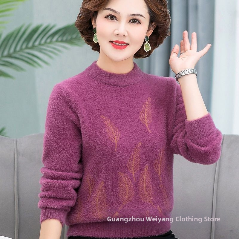 Sieviešu džemperis no mink velūra un vilnas maisījumā, brīvs griezums, pusaugšu apkakli, garas piedurknes, ziedu raksts