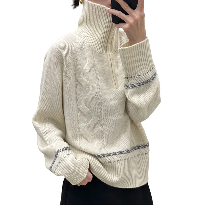 Gyapjú pulóver, vastag, 95% feletti gyapjú, magas gallér, elülső fél cipzár, laza szabású