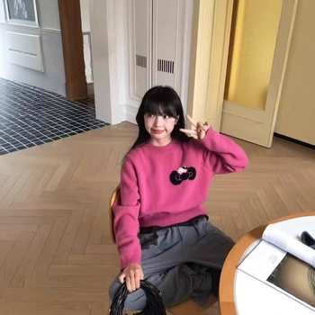 Női tiszta gyapjú jacquard kötött pulóver masnival, kerek nyakú, raglán ujjú