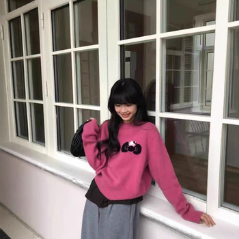 Női tiszta gyapjú jacquard kötött pulóver masnival, kerek nyakú, raglán ujjú