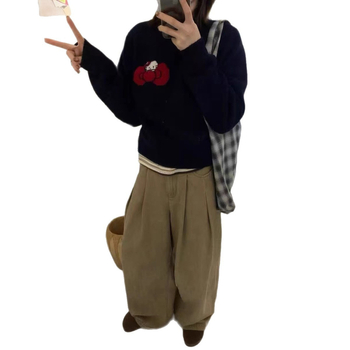 Női tiszta gyapjú jacquard kötött pulóver masnival, kerek nyakú, raglán ujjú