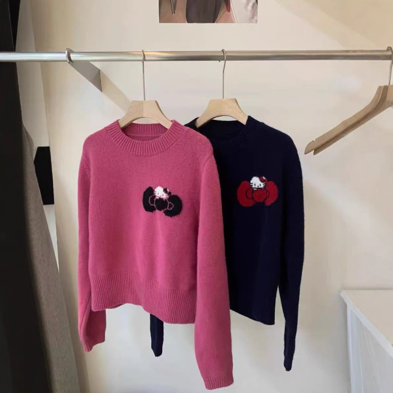 Női tiszta gyapjú jacquard kötött pulóver masnival, kerek nyakú, raglán ujjú