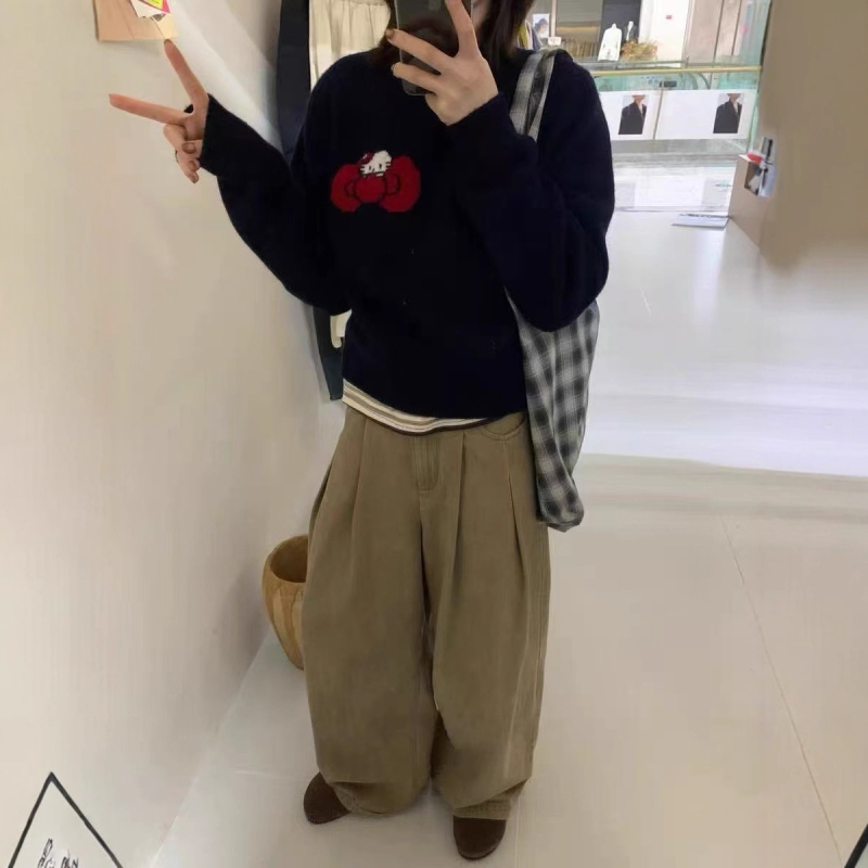 Női tiszta gyapjú jacquard kötött pulóver masnival, kerek nyakú, raglán ujjú