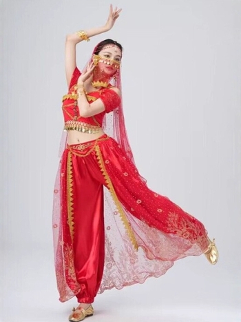 Egzotični indijski plesni kostim za scenu – mreža/spandeks smjesa, 50–70% spandeksa, Elegantni retro stil