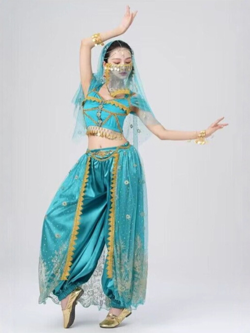 Egzotični indijski plesni kostim za scenu – mreža/spandeks smjesa, 50–70% spandeksa, Elegantni retro stil