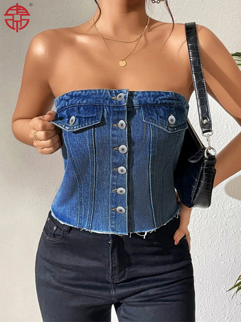 Dámske denímové tube top bez ramienok v korsetnom štýle, krátke, jednofarebný vzor, bavlna 50–70% a polyester 30–50%