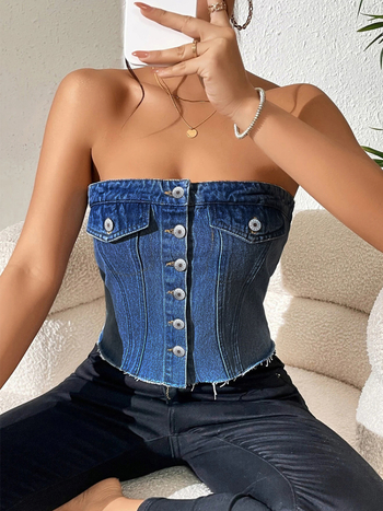 Dámske denímové tube top bez ramienok v korsetnom štýle, krátke, jednofarebný vzor, bavlna 50–70% a polyester 30–50%