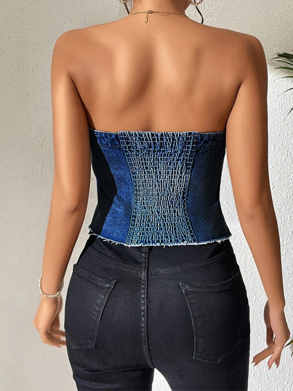 Dámske denímové tube top bez ramienok v korsetnom štýle, krátke, jednofarebný vzor, bavlna 50–70% a polyester 30–50%