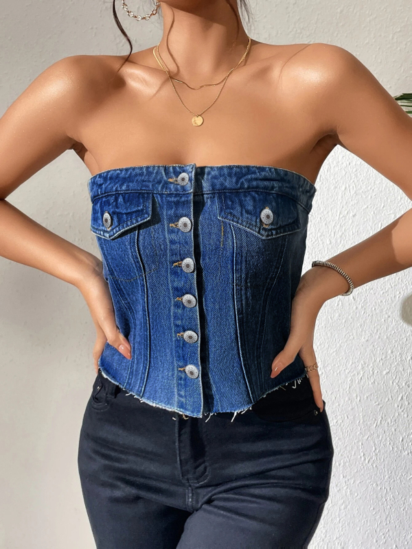 Dámske denímové tube top bez ramienok v korsetnom štýle, krátke, jednofarebný vzor, bavlna 50–70% a polyester 30–50%