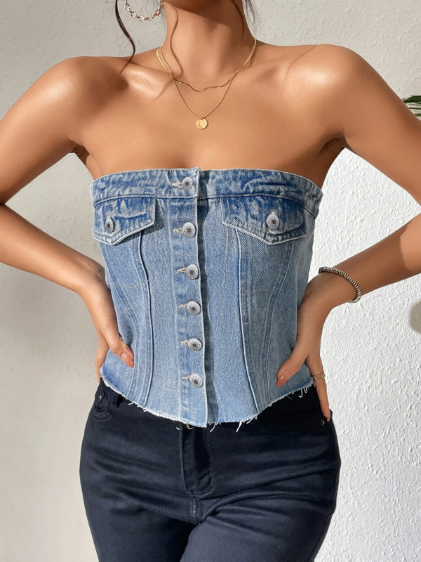 Dámske denímové tube top bez ramienok v korsetnom štýle, krátke, jednofarebný vzor, bavlna 50–70% a polyester 30–50%