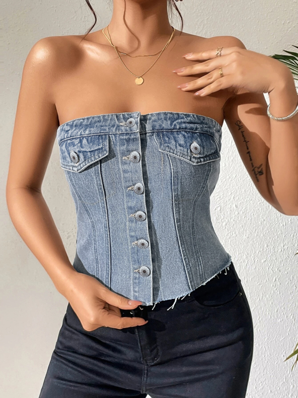 Dámske denímové tube top bez ramienok v korsetnom štýle, krátke, jednofarebný vzor, bavlna 50–70% a polyester 30–50%