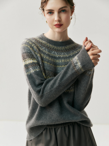 Ženski kašmir džemper s geometrijskim uzorkom i kapuljom, debeli žakardni pleteni materijal, klasičan kroj