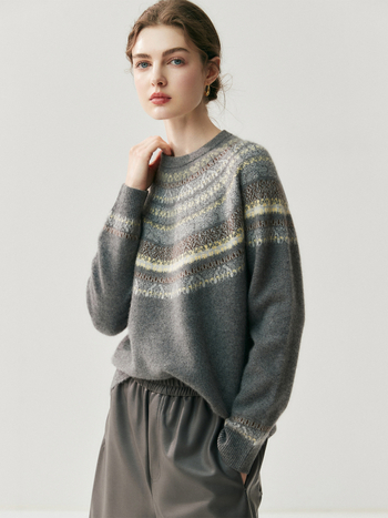 Ženski kašmir džemper s geometrijskim uzorkom i kapuljom, debeli žakardni pleteni materijal, klasičan kroj