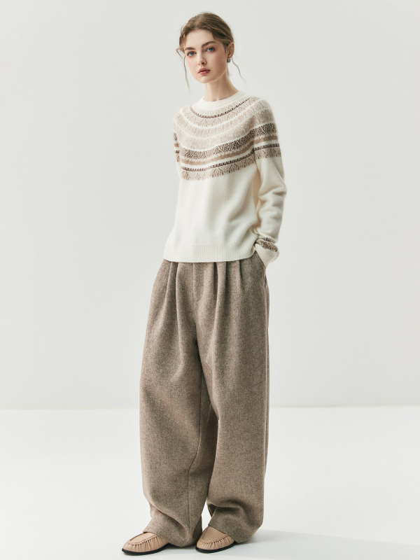 Ženski kašmir džemper s geometrijskim uzorkom i kapuljom, debeli žakardni pleteni materijal, klasičan kroj