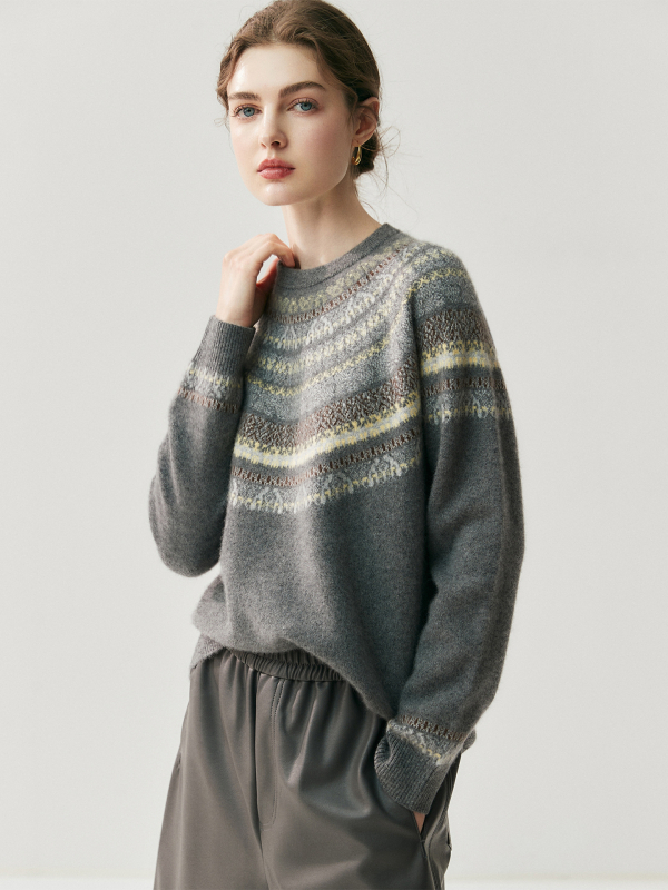 Ženski kašmir džemper s geometrijskim uzorkom i kapuljom, debeli žakardni pleteni materijal, klasičan kroj