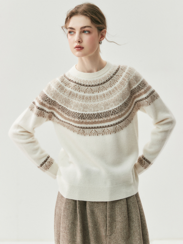 Ženski kašmir džemper s geometrijskim uzorkom i kapuljom, debeli žakardni pleteni materijal, klasičan kroj