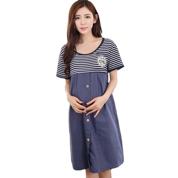 Tehotenské šaty s dojčením, pletená bavlna, pruhovaný vzor, kruhový výstrih, 3/4 rukávy, stredná dĺžka