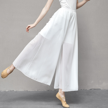 Moderni plesni kostim za scenu: šifon, visok struk, drapiran kroj, široke hlače tipa culotte za ženske plesačice