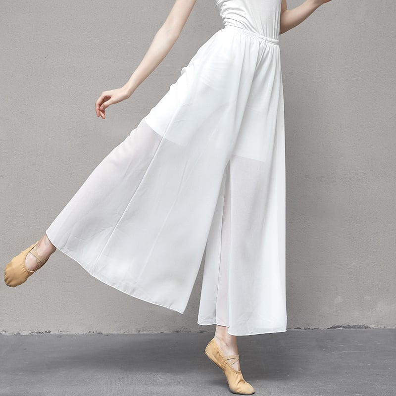 Moderni plesni kostim za scenu: šifon, visok struk, drapiran kroj, široke hlače tipa culotte za ženske plesačice