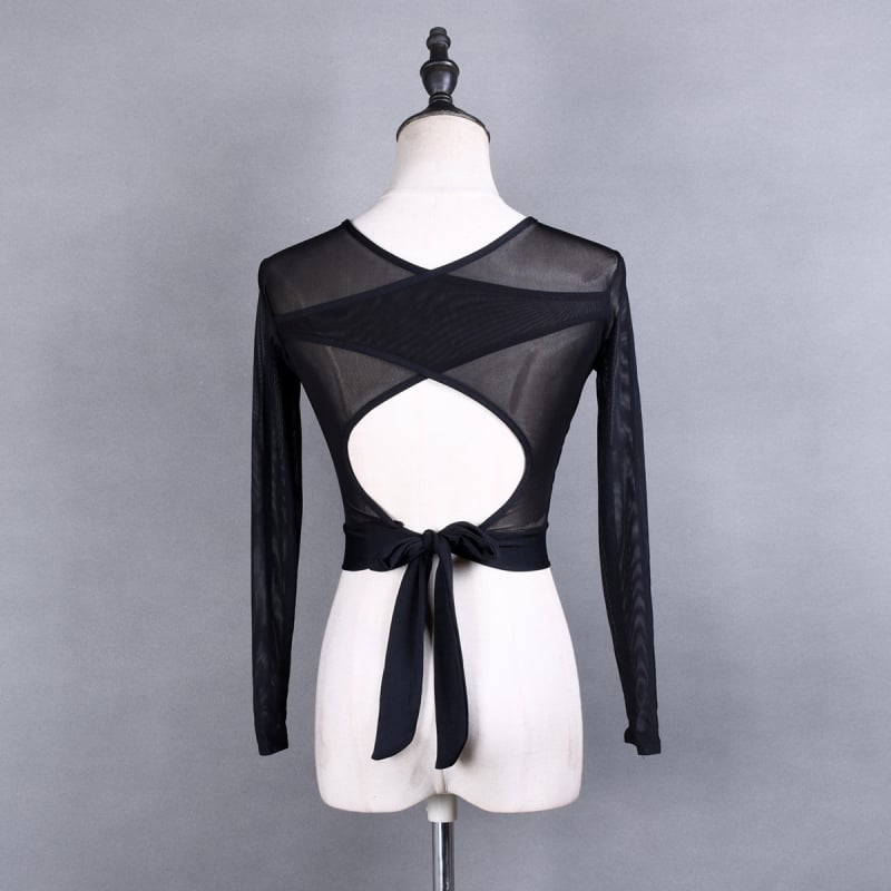 Hálós latin tánc felső hát nélküli, keresztezett pántokkal, 90% poliészter keverék, női modern tánc felső Belly és Latin tánchoz